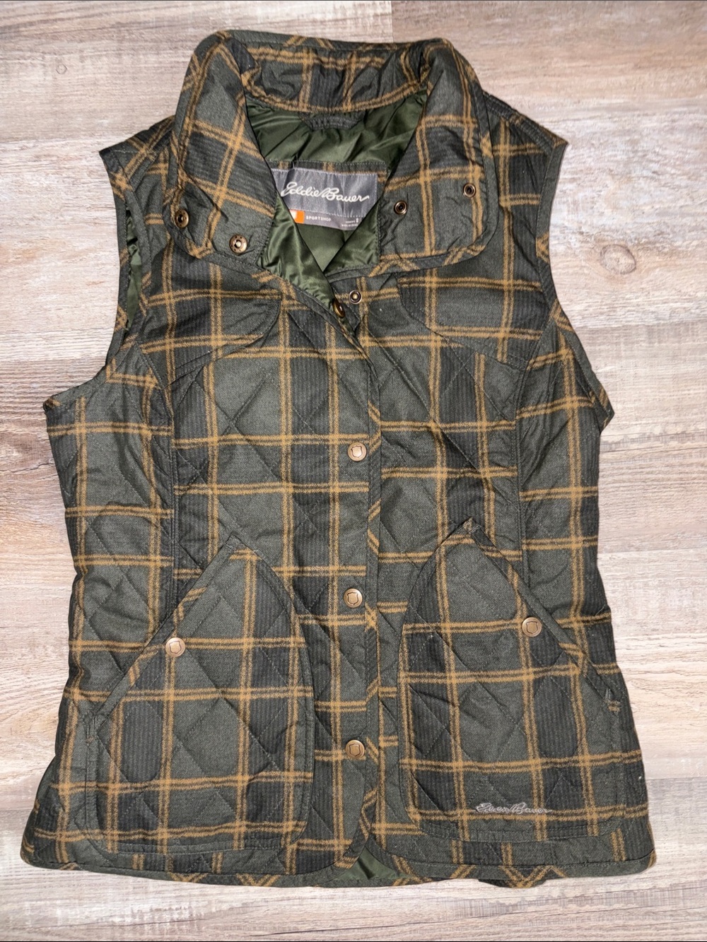 Eddie Bauer Olive Green Plaid Quilted Vest
